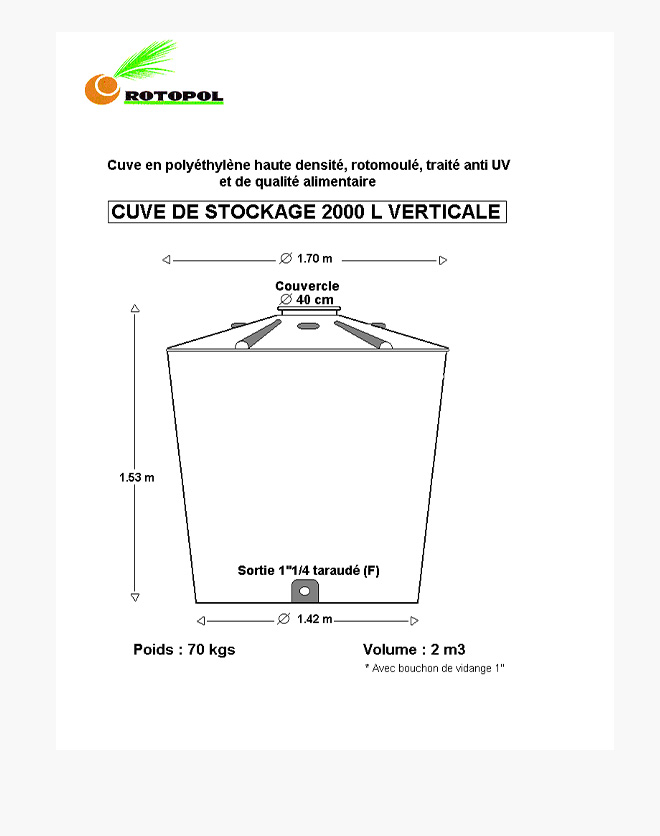 Cuve de stockage eau 2000 verticale